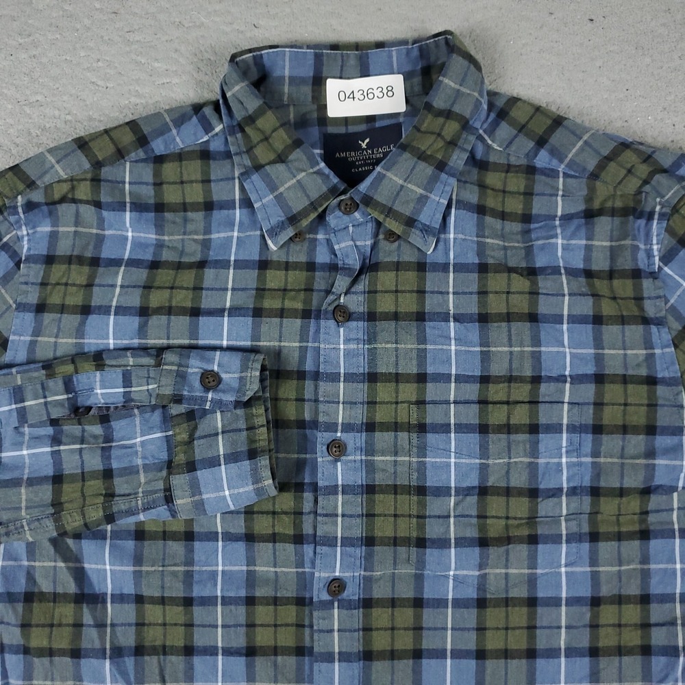 American Eagle Shirt Mens Medium Blue Green Plaid Casual Button Up Long Sleeve